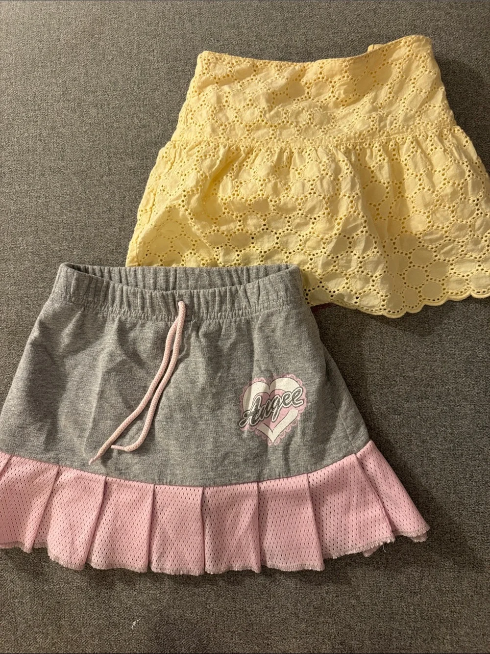 5/$15- Gray & Pink Athletic Skirt with Heart Logo + Yellow Eyelet Skirt